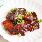 BBQ tempeh on plate.