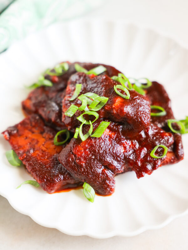 BBQ tempeh on plate.