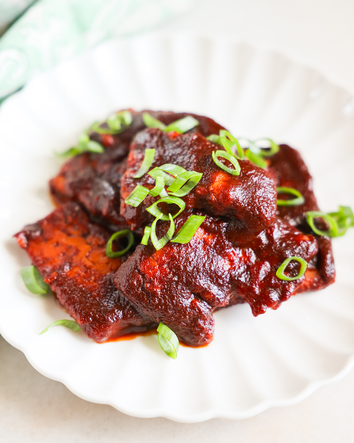 BBQ tempeh on plate.