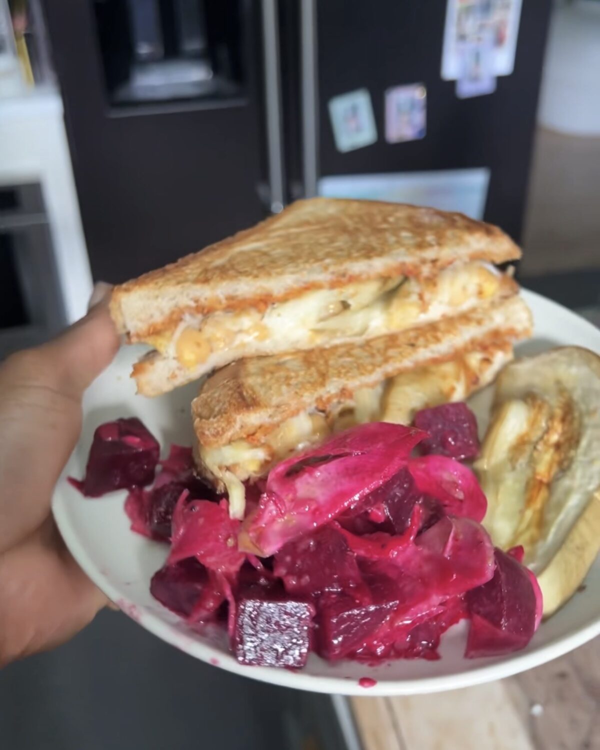 Fennel beet salad with vegan grilled cheese sandwich.