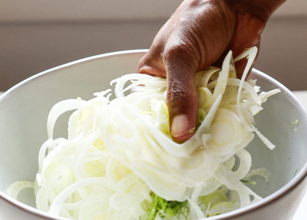 Shredded fennel in a bowl.