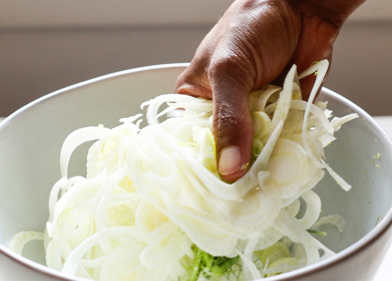 Shredded fennel in a bowl.