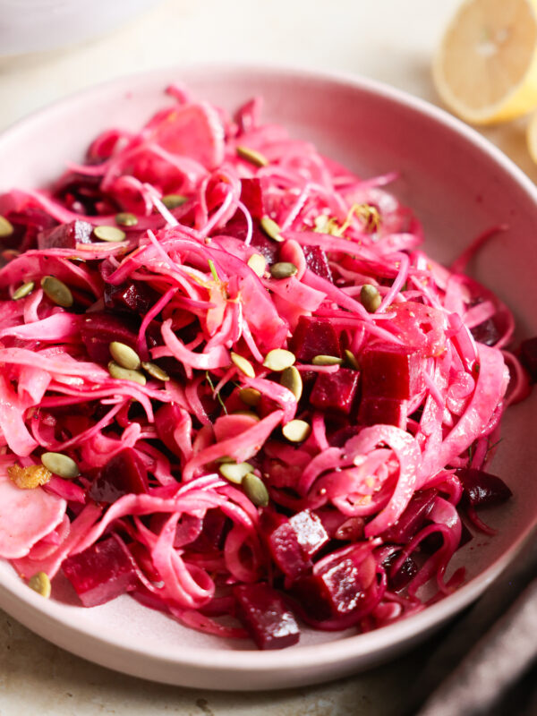 Crispy and pink fennel salad on plate.