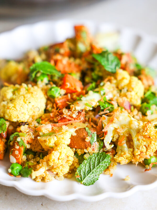 Cauliflower salad on a white plate.